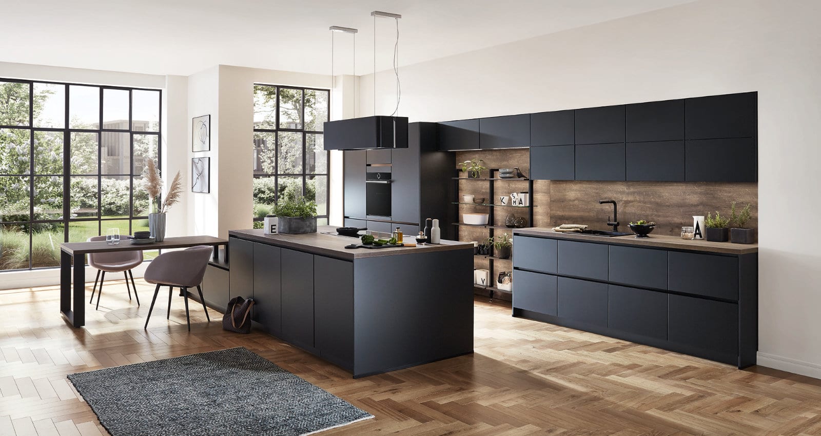 Nobilia Matt Black Wood Handleless Open Plan Kitchen 2021 | Lead Wolf, Peterborough
