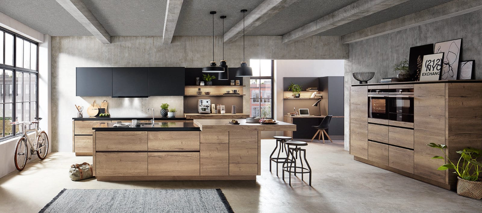 Nobilia Matt Black Wood Open Plan Handleless Kitchen With Island 2021 1 1 | Lead Wolf, Peterborough