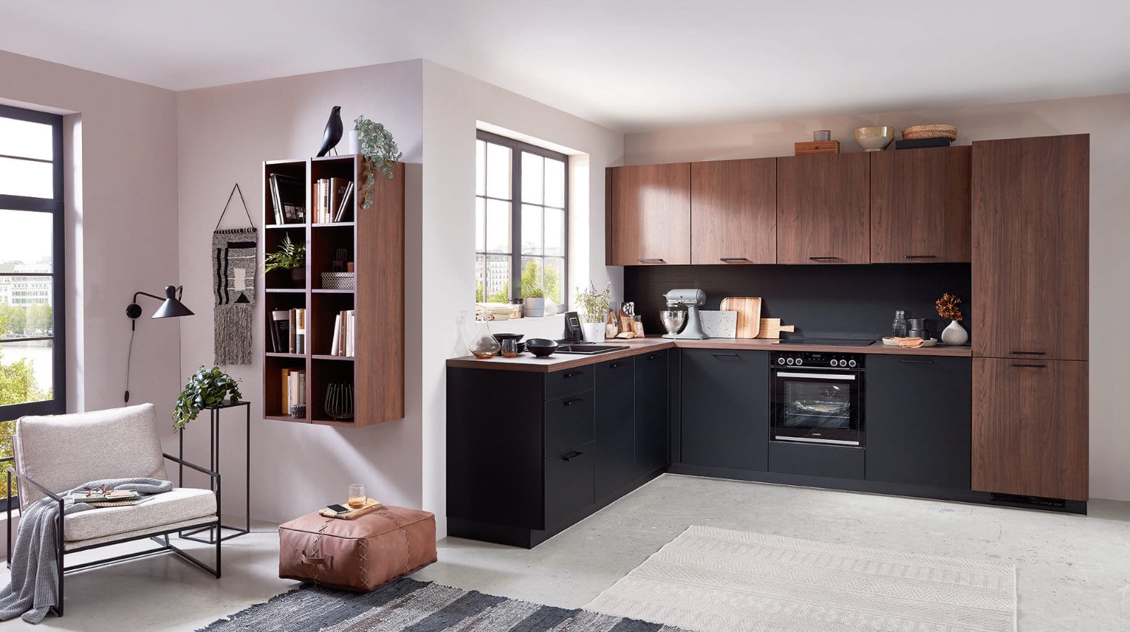 Nobilia Matt Black Wood Open Plan L Shaped Kitchen 2021 | Lead Wolf, Peterborough