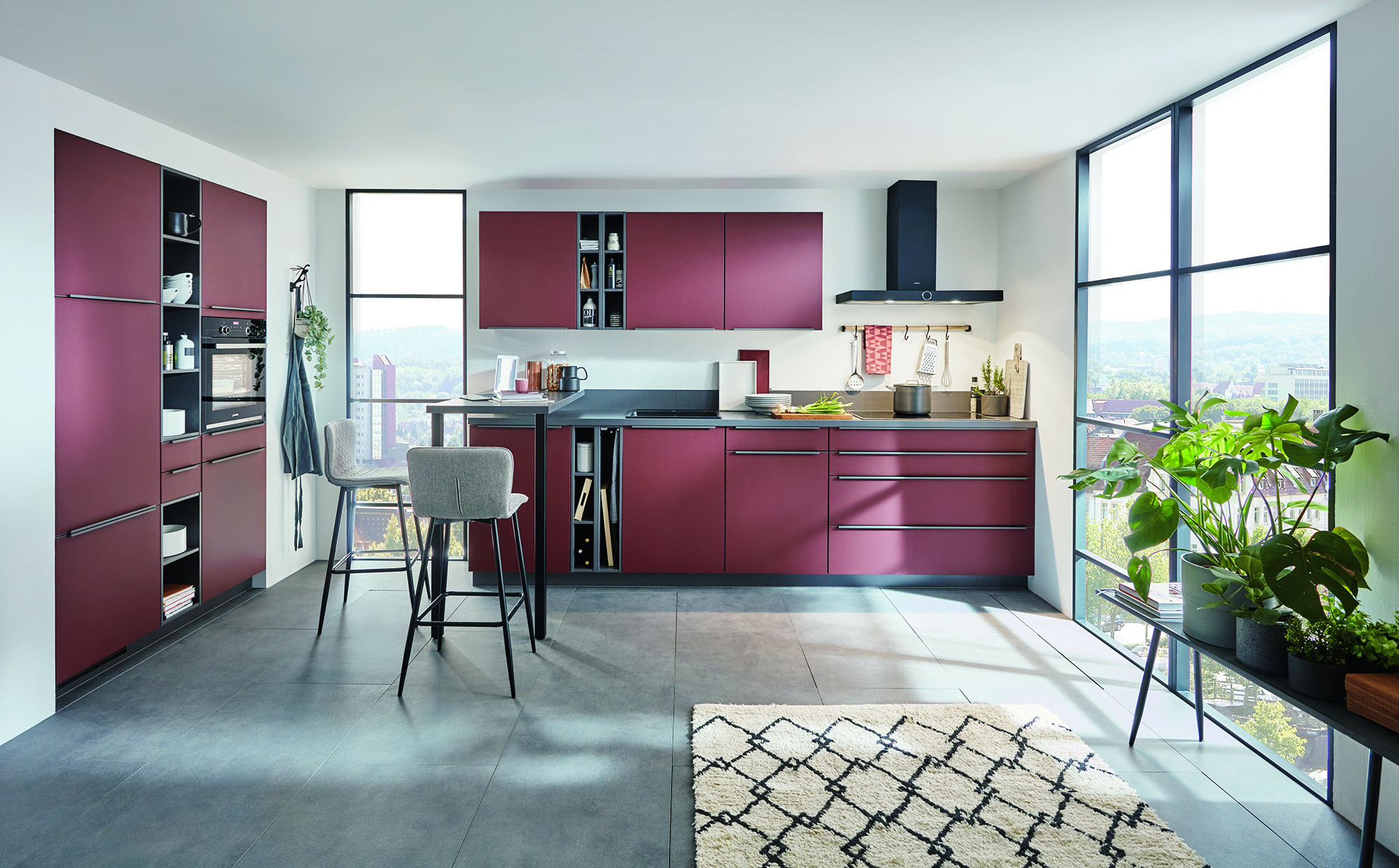 Nobilia Matt Burgandy Open Plan Kitchen 2021 | Lead Wolf, Peterborough