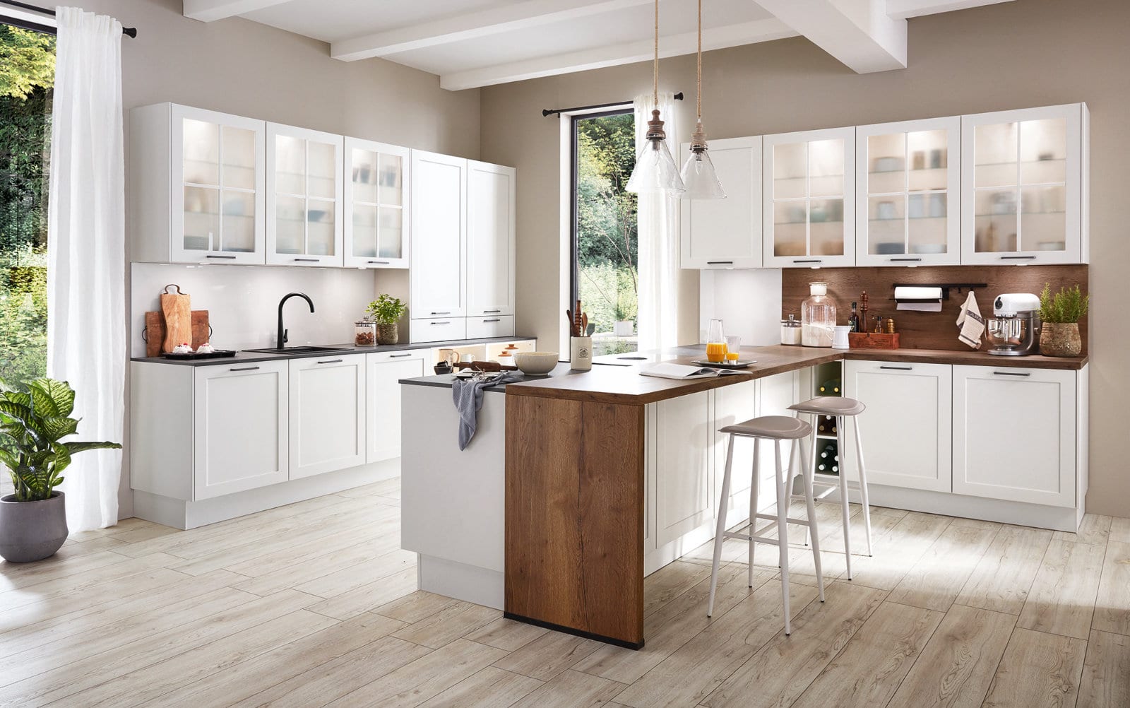 Nobilia Matt White Wood Shaker Open Plan L Shaped Kitchen With Island 2021 | Lead Wolf, Peterborough